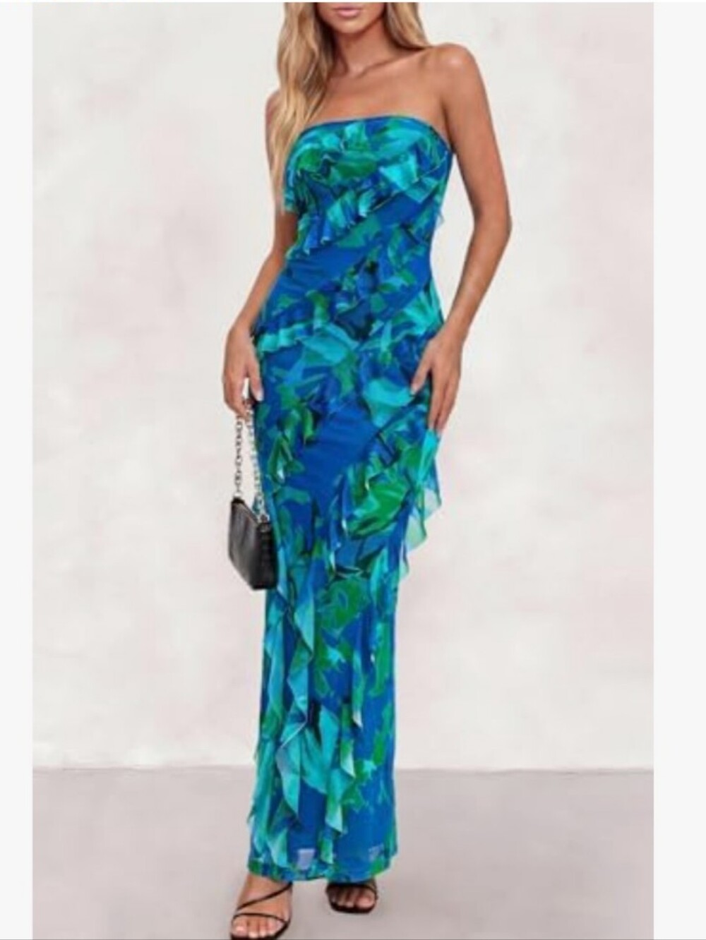 Strapless Ruffle Maxi Dress in Teal and Blue